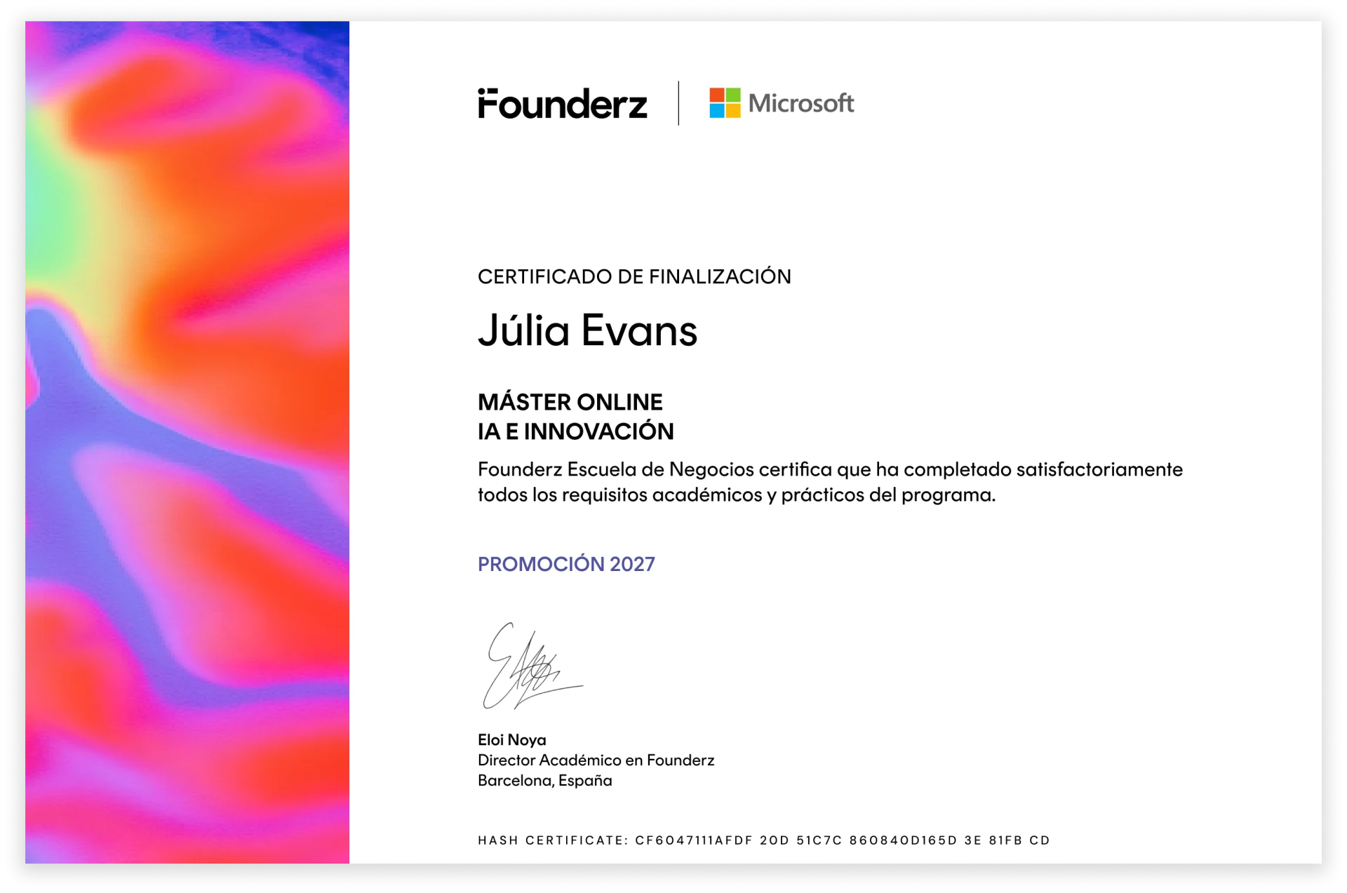 Certificado de finalización del Máster online en IA e Innovación